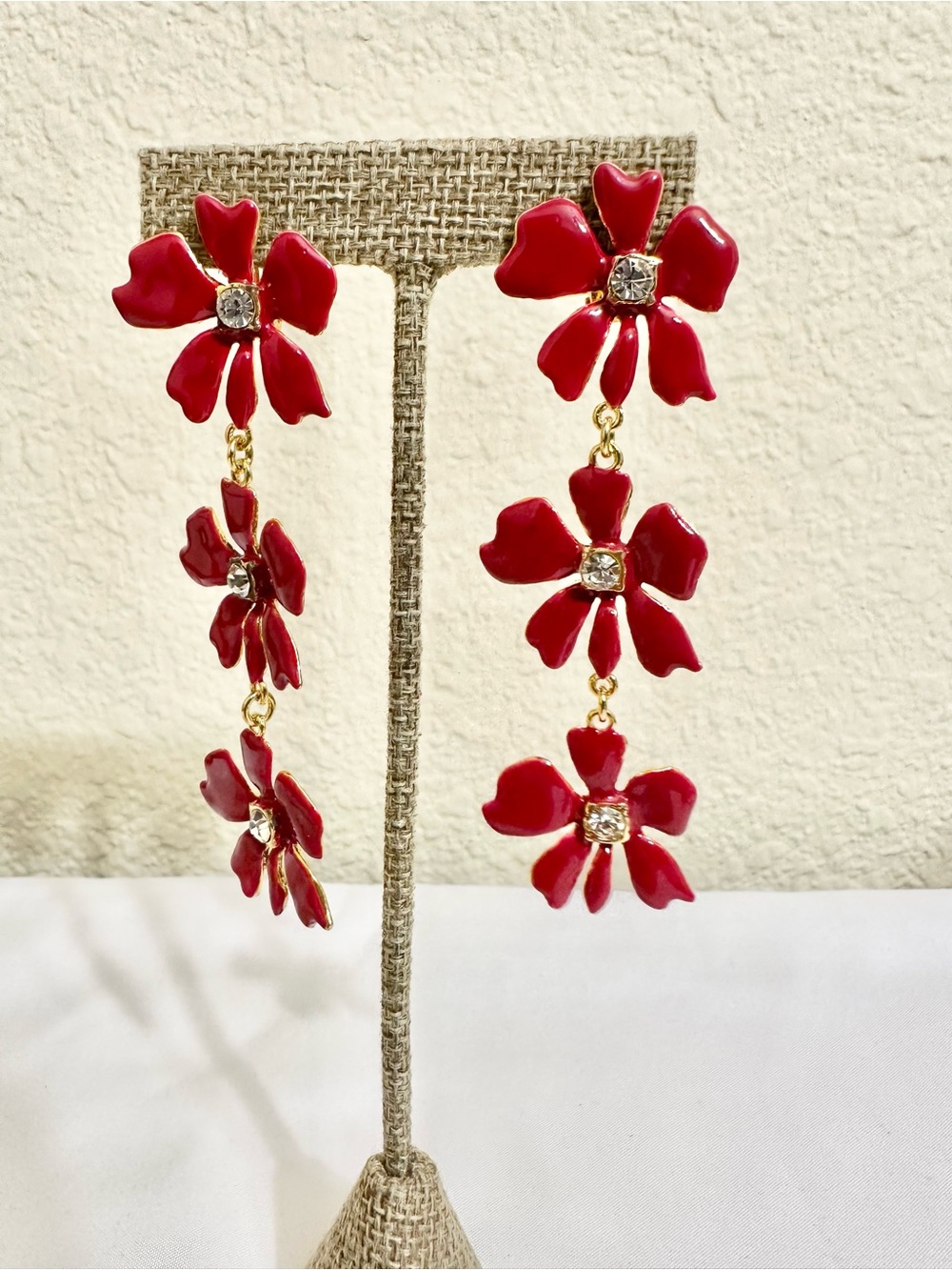 Vintage Gold Plated Red Enamel Floral Drop Earrings